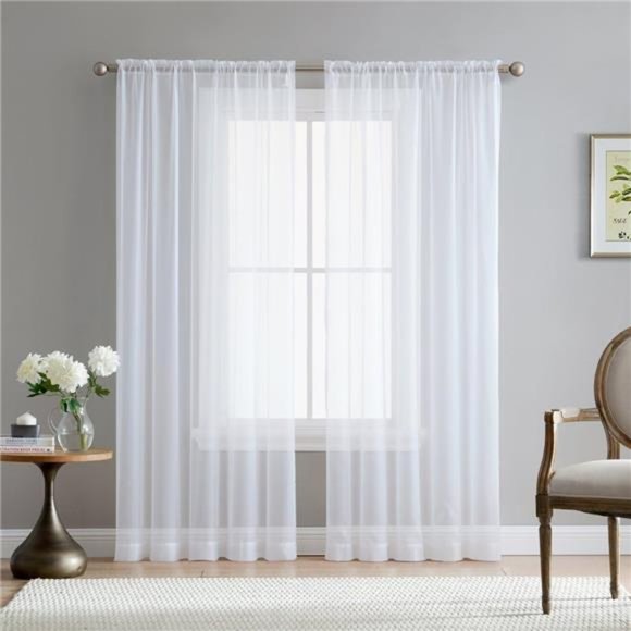 White Sheer Voile Window Treatment Rod Pocket Curtain Panels for Kitchen,Bedroom - Picture 1 of 7
